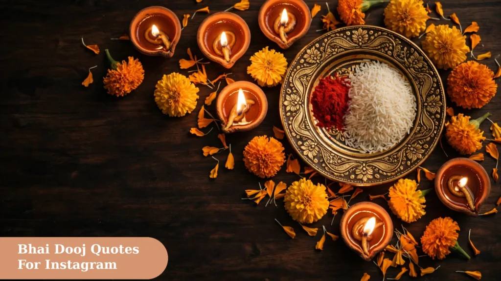 Sibling photo with tilak and gifts, made for bhai dooj captions for instagram in Hindi posts