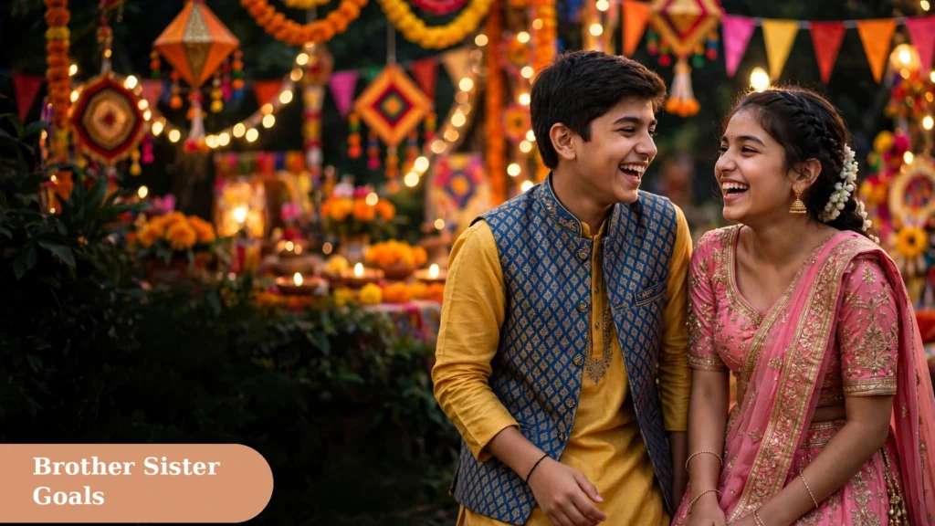 Happy siblings celebrating Bhai Dooj with short bhai dooj captions for instagram lines