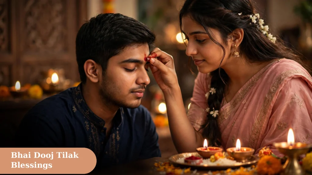 Sister applying tilak on her brother forehead, with best bhai dooj captions for instagram ideas