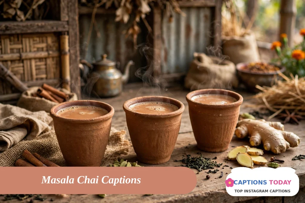 chai captions for instagram with masala chai in clay kulhad cups and spices
