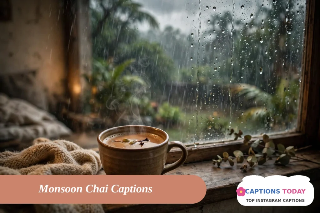 chai captions for instagram with hot chai by a rainy monsoon window