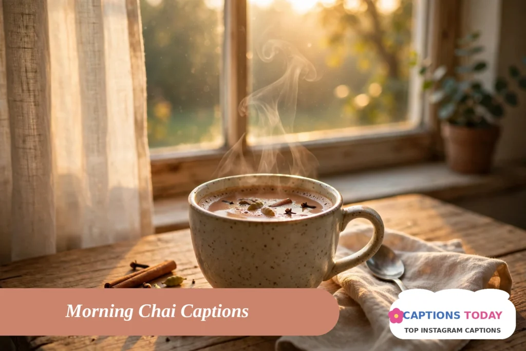 chai captions for instagram with morning chai cup in warm sunlight