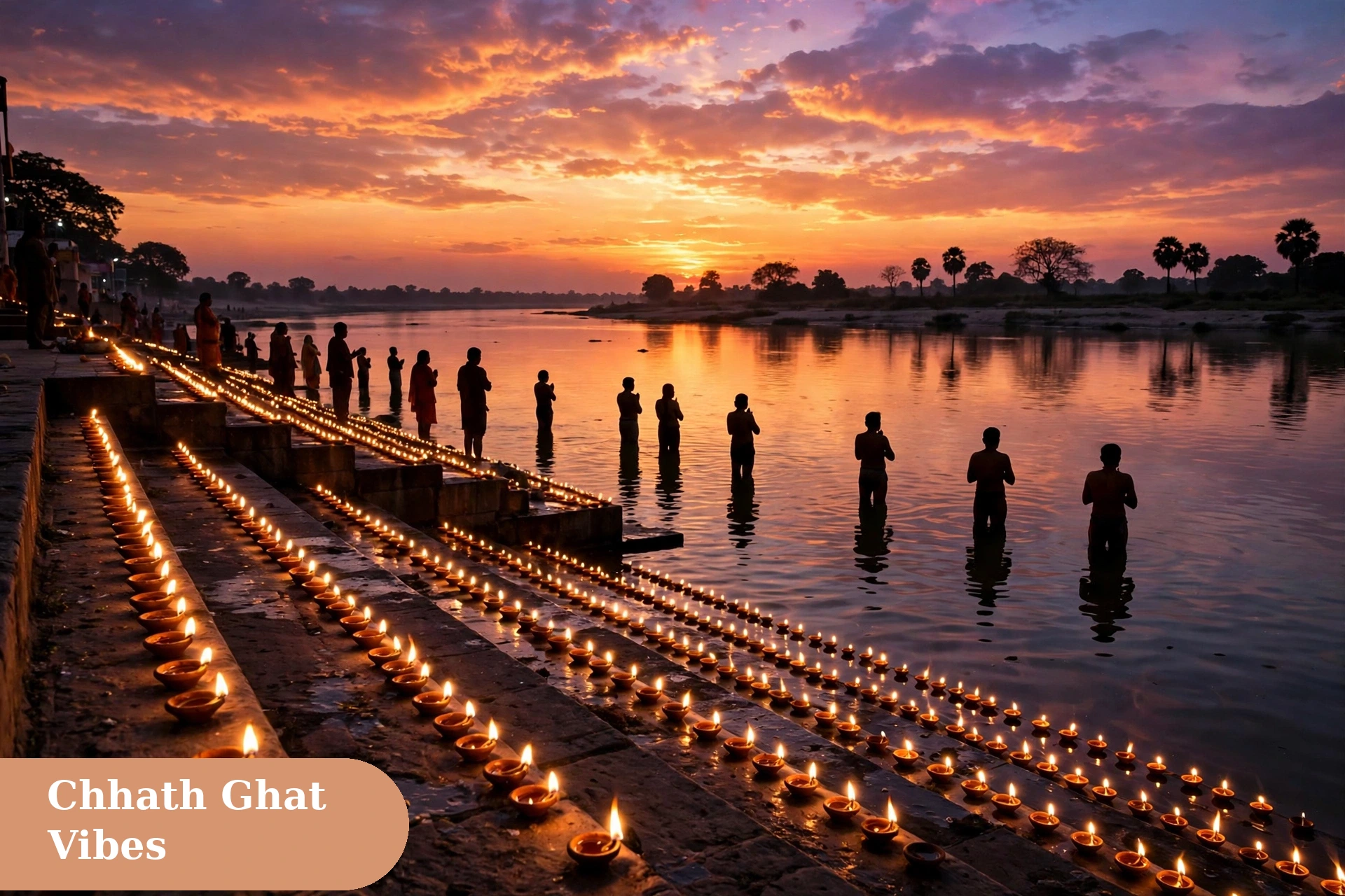 chhath puja captions for instagram sunrise arghya image with a soop basket of fruits and diya on a ghat step at sunrise