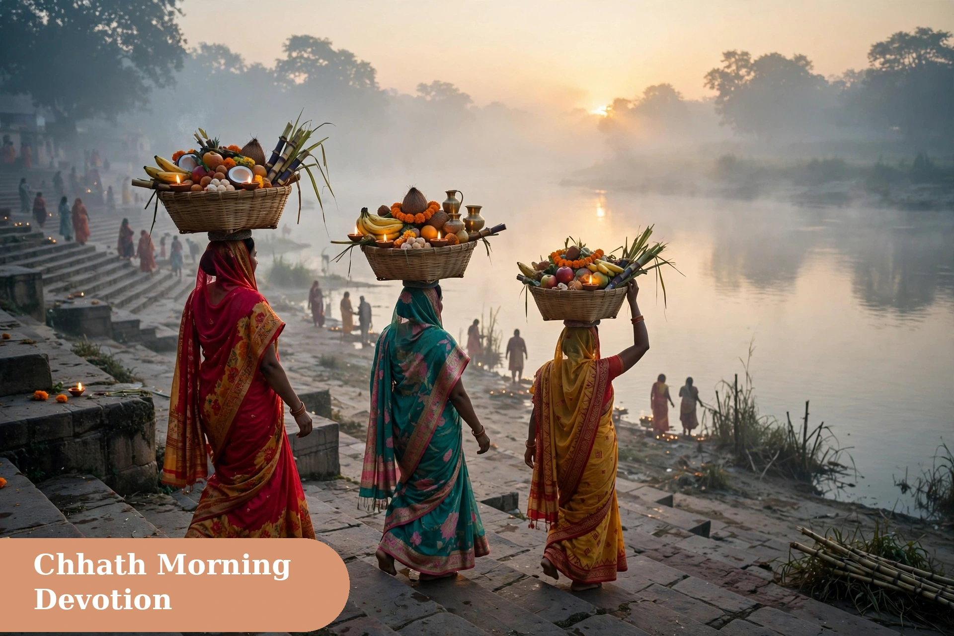chhath puja captions for instagram sunset arghya image with the sun setting over the river and diyas floating on the water