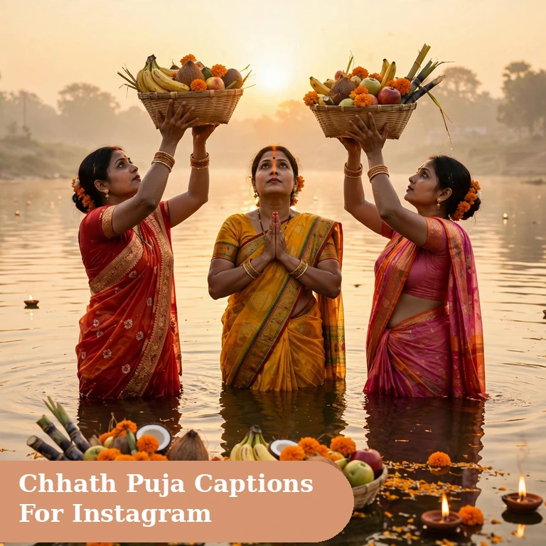 chhath puja captions for instagram featured image with devotees offering arghya to the rising sun at a river ghat at dawn