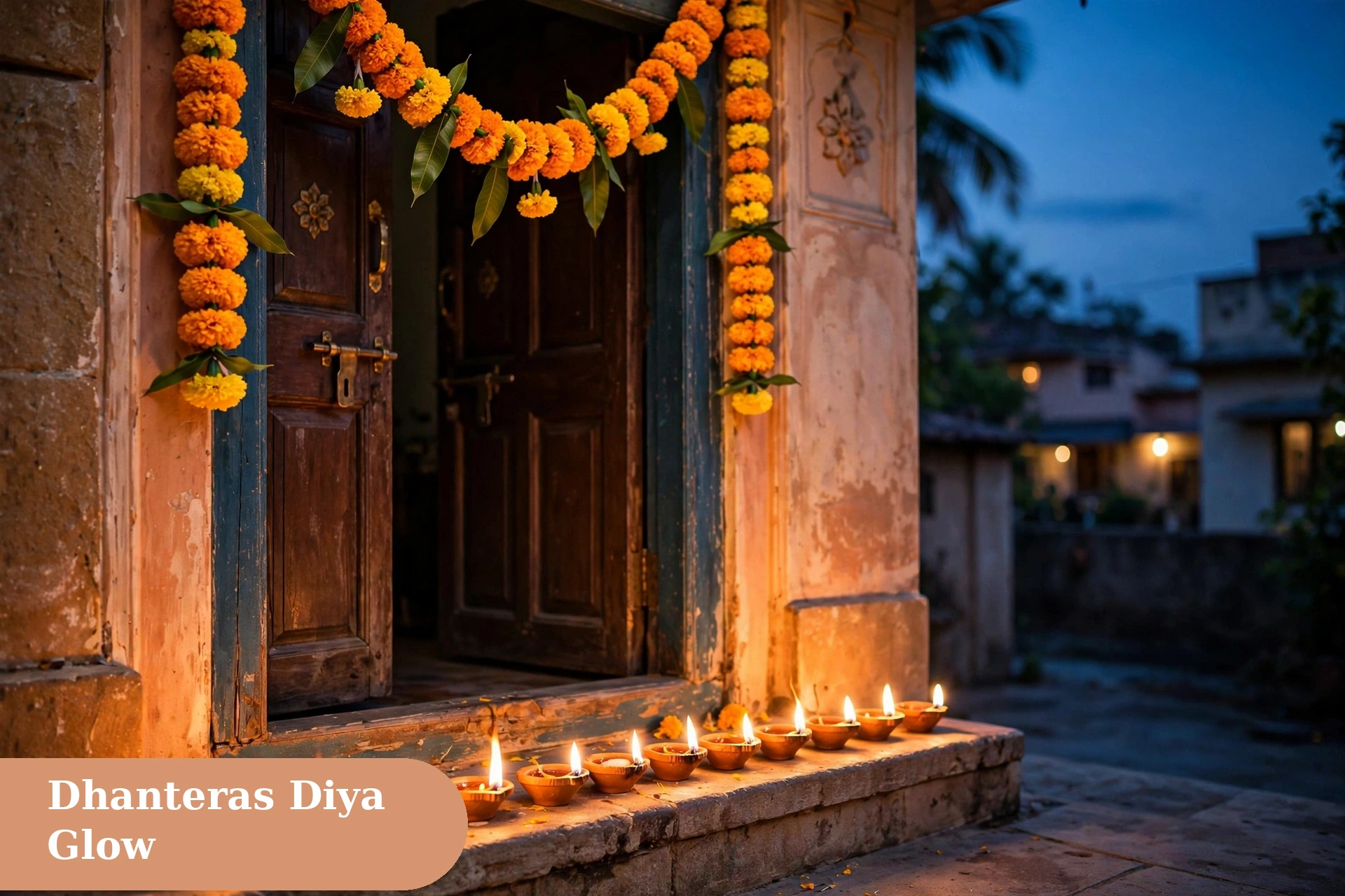 dhanteras captions for instagram diya glow image with a marigold toran on a doorstep and a row of lit diyas at dusk