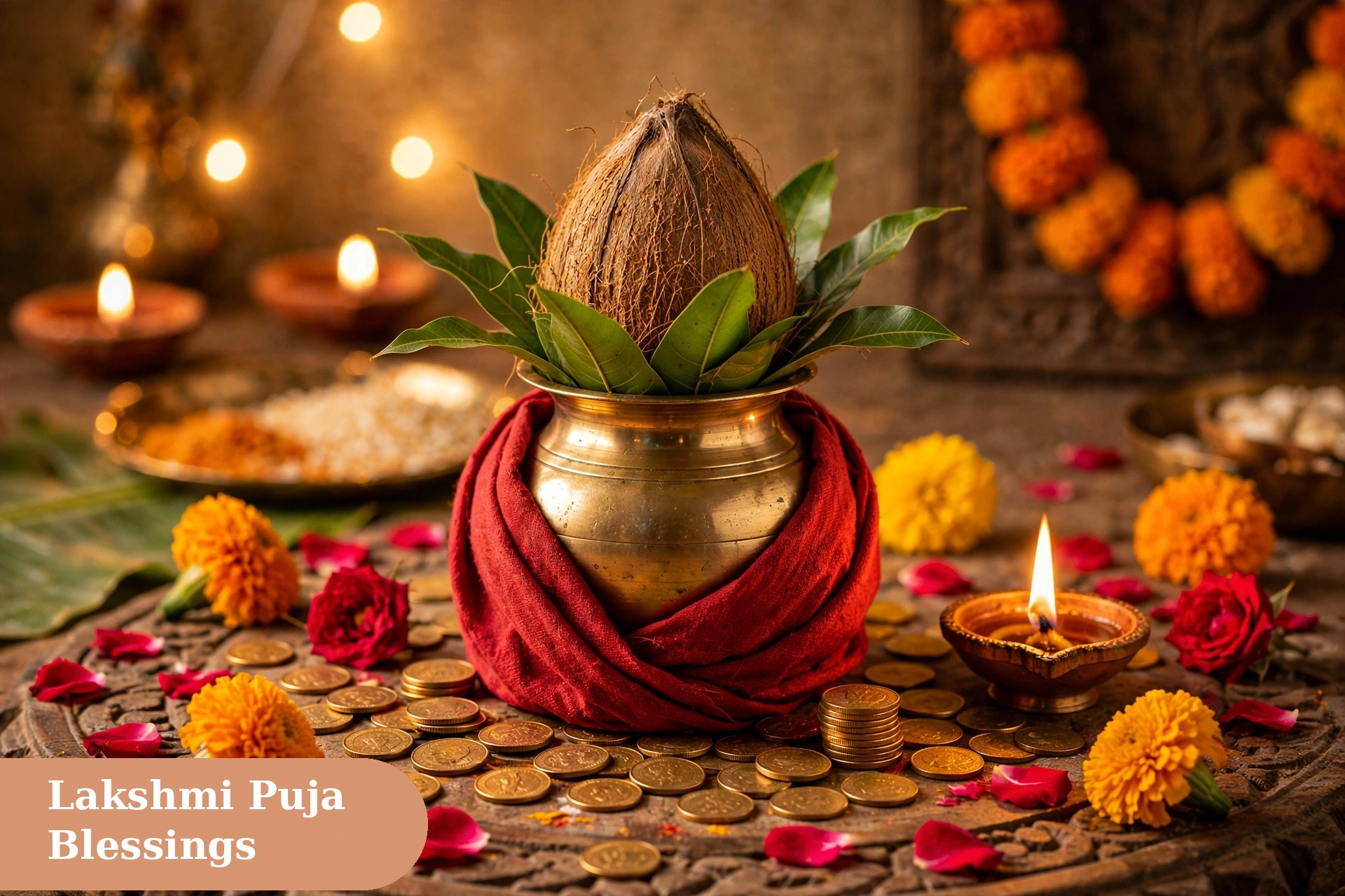 dhanteras captions for instagram lakshmi puja blessings image with a decorated kalash gold coins and marigold flowers