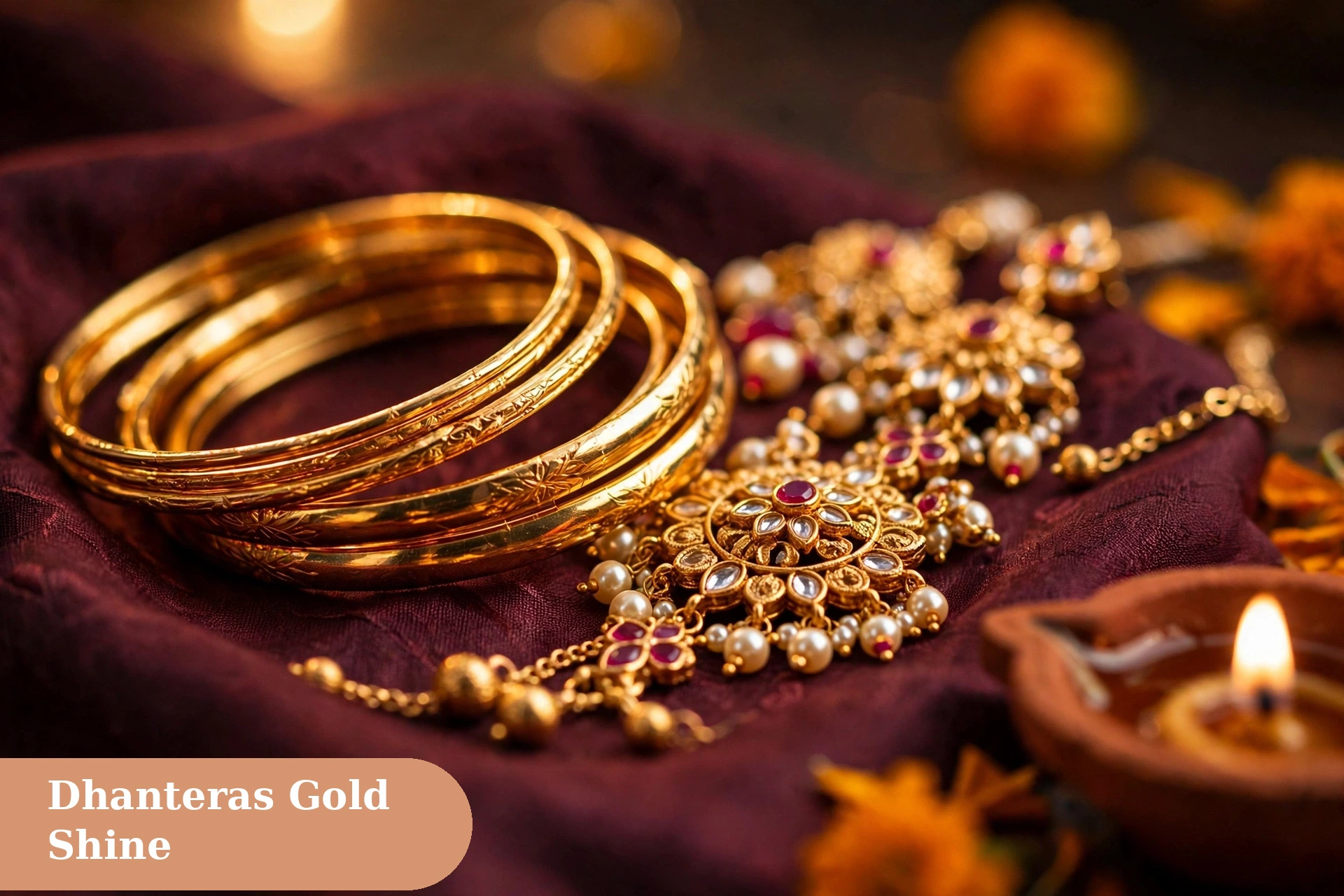 dhanteras captions for instagram gold shine image with gold bangles and kundan pearl jewellery on maroon silk