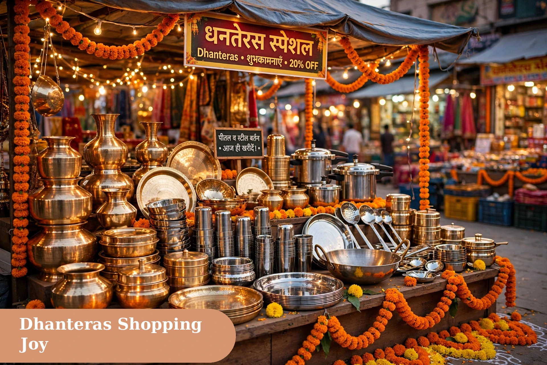 dhanteras captions for instagram shopping joy image with a festive market stall of brass and steel utensils