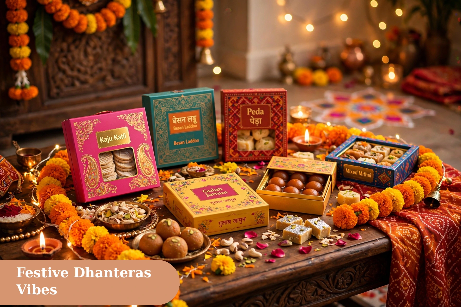 dhanteras captions for instagram festive vibes image with gift boxes of kaju katli gulab jamun and mixed mithai