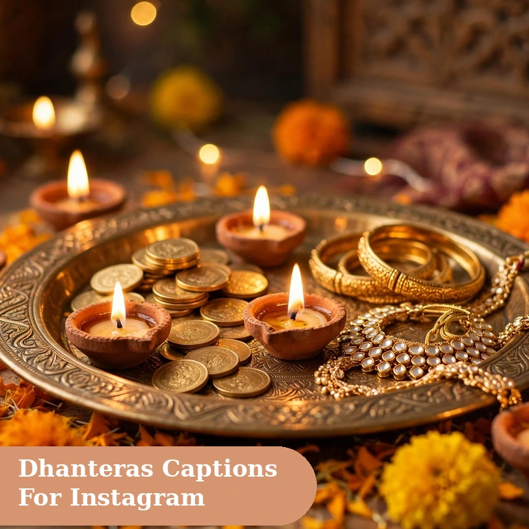 dhanteras captions for instagram featured image with a brass thali of lit diyas gold coins and gold jewellery in festive light