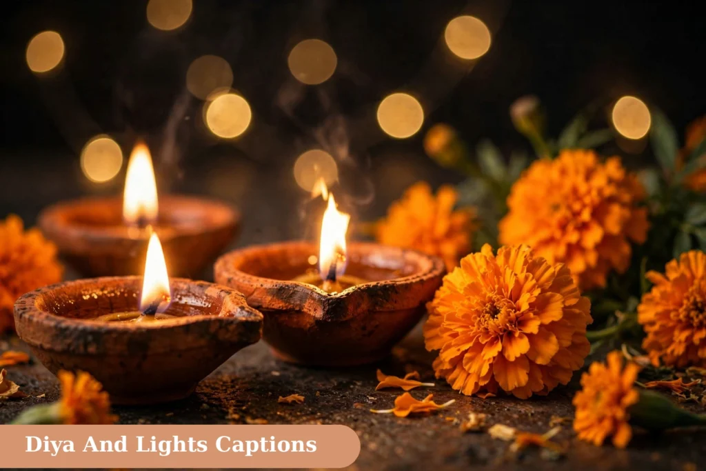 diwali captions for instagram with glowing diyas and marigold flowers