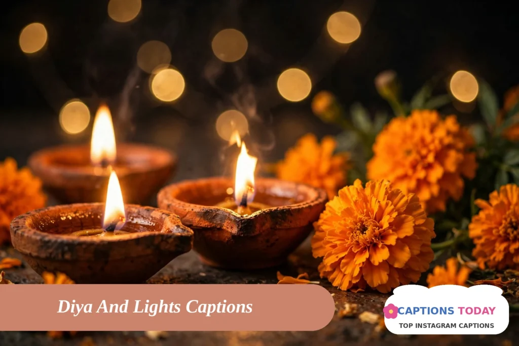 diwali captions for instagram with glowing diyas and marigold flowers