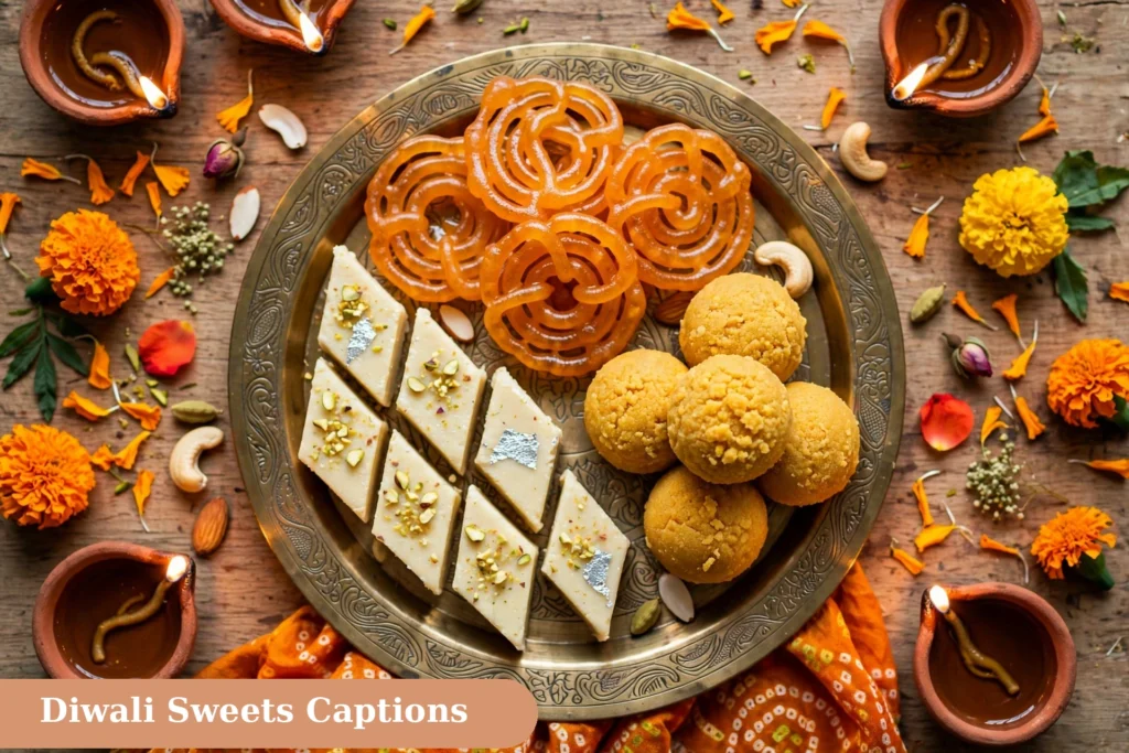 diwali captions for instagram with traditional mithai sweets platter