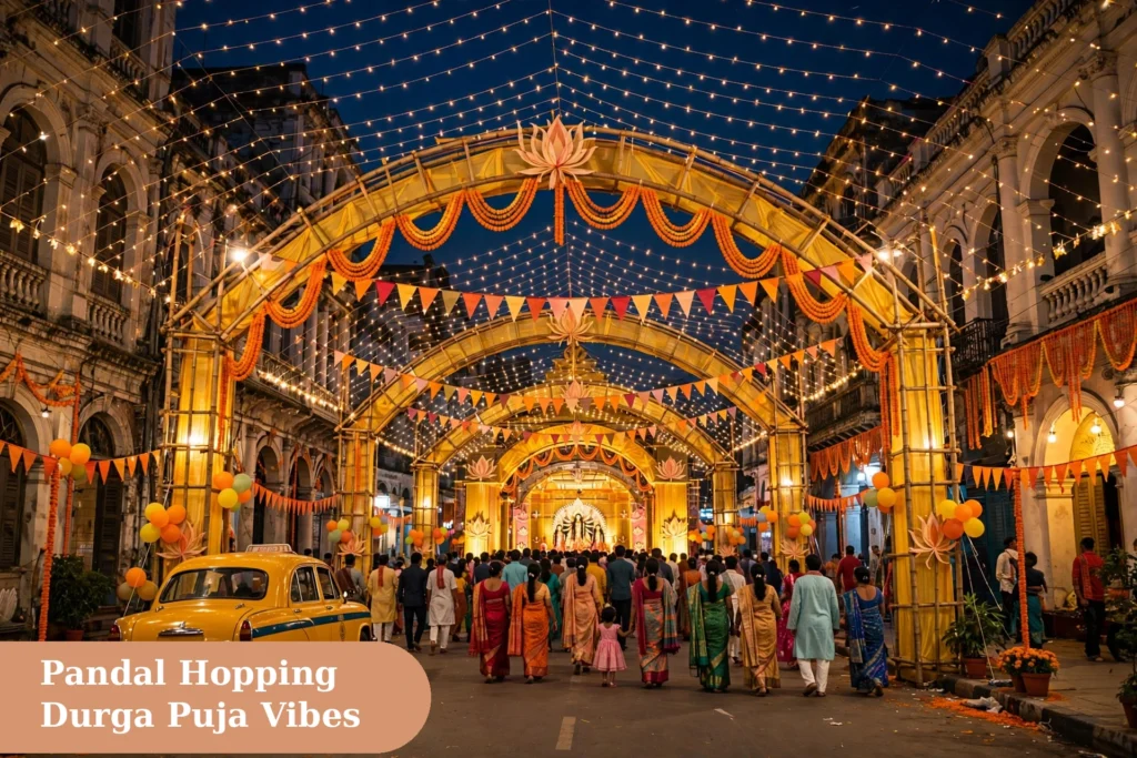 Pandal hopping during Durga Puja night - durga puja captions for instagram