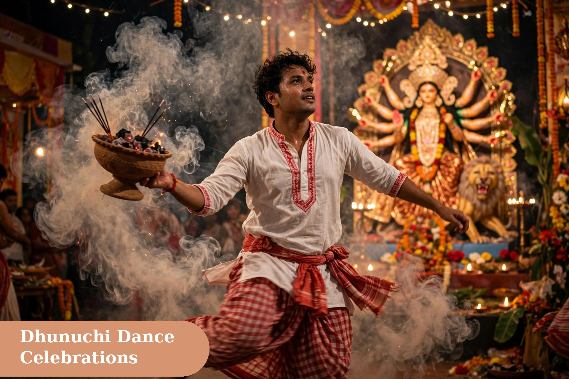durga puja captions for instagram dhunuchi dance image with a devotee holding a smoking earthen bowl of incense before the glowing Durga idol