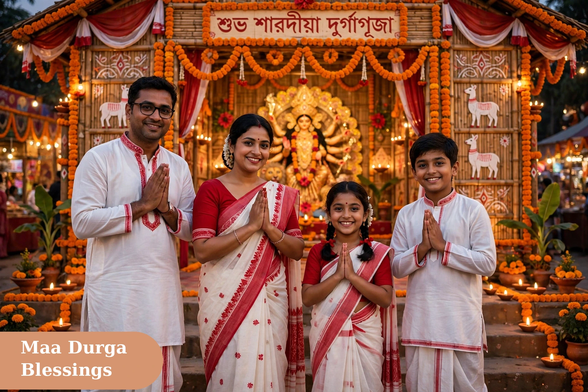 durga puja captions for instagram family blessings image with a family in traditional Bengali attire praying with folded hands at a marigold pandal