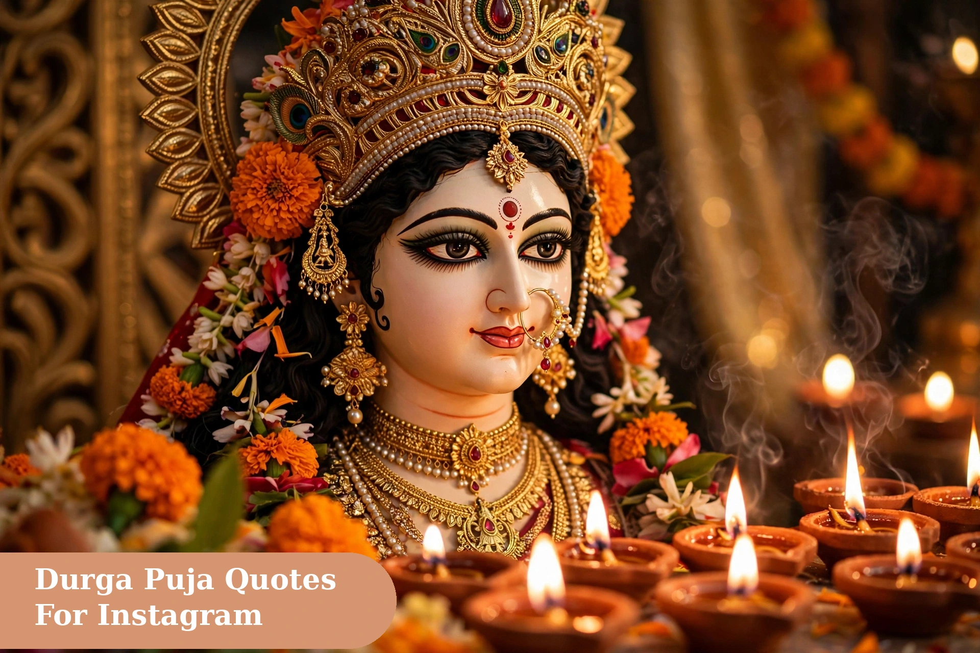 durga puja captions for instagram quotes image with a closeup of the goddess Durga idol face adorned with flowers and glowing clay diyas
