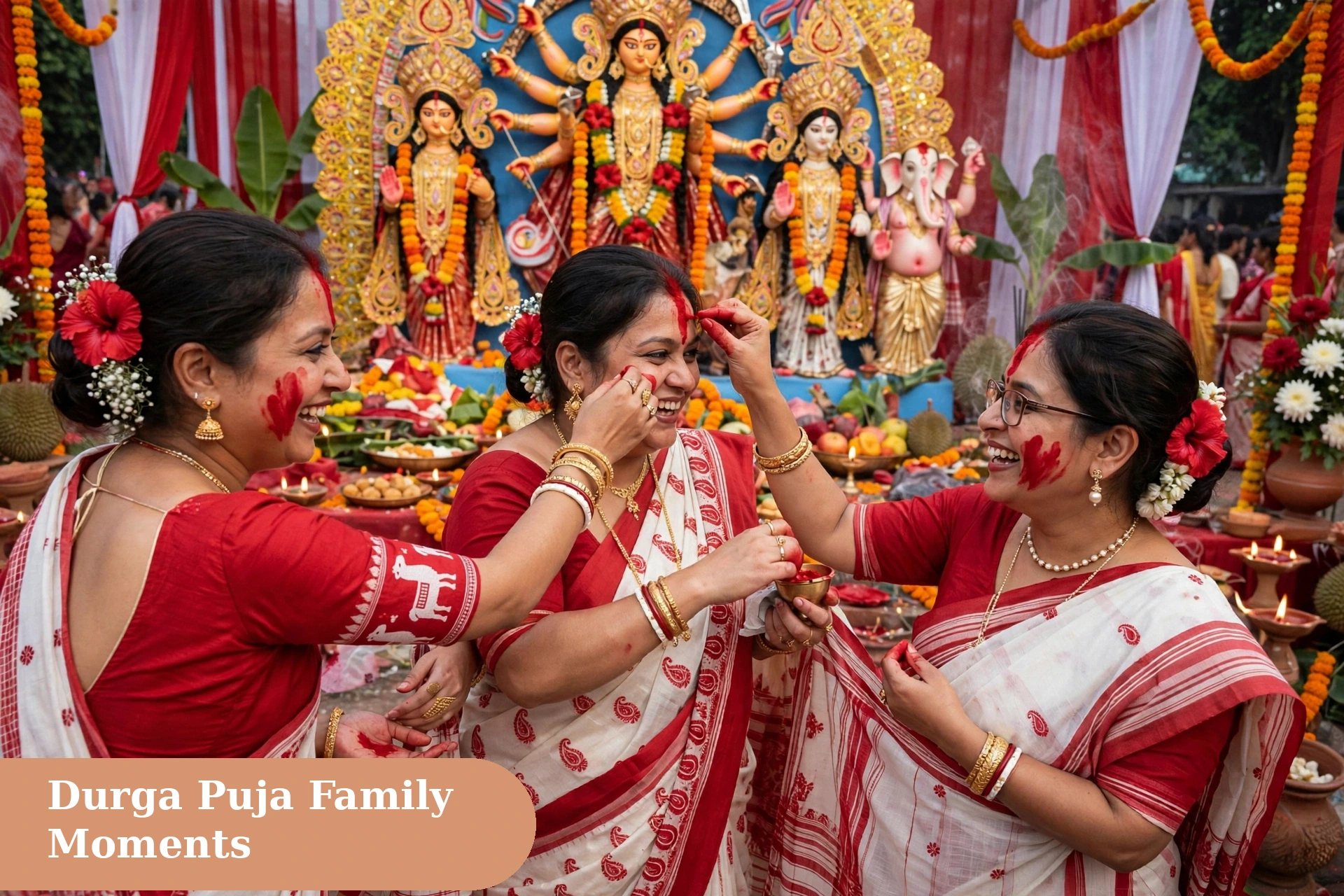 durga puja captions for instagram family moments image with women in red white sarees playing sindoor khela on Vijayadashami
