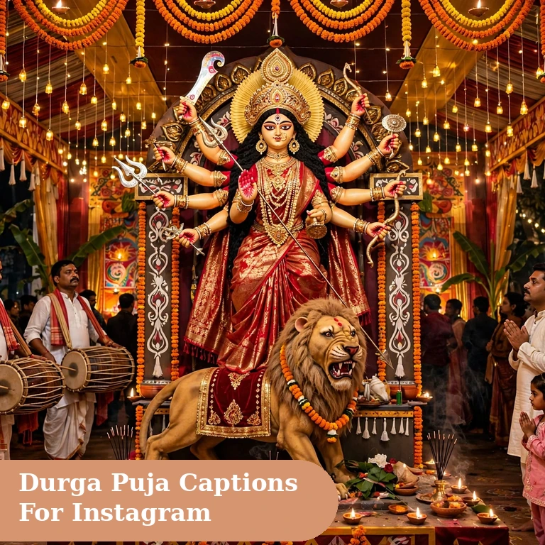 durga puja captions for instagram featured image with a grand ten armed goddess Durga idol on a lion inside a decorated Kolkata pandal