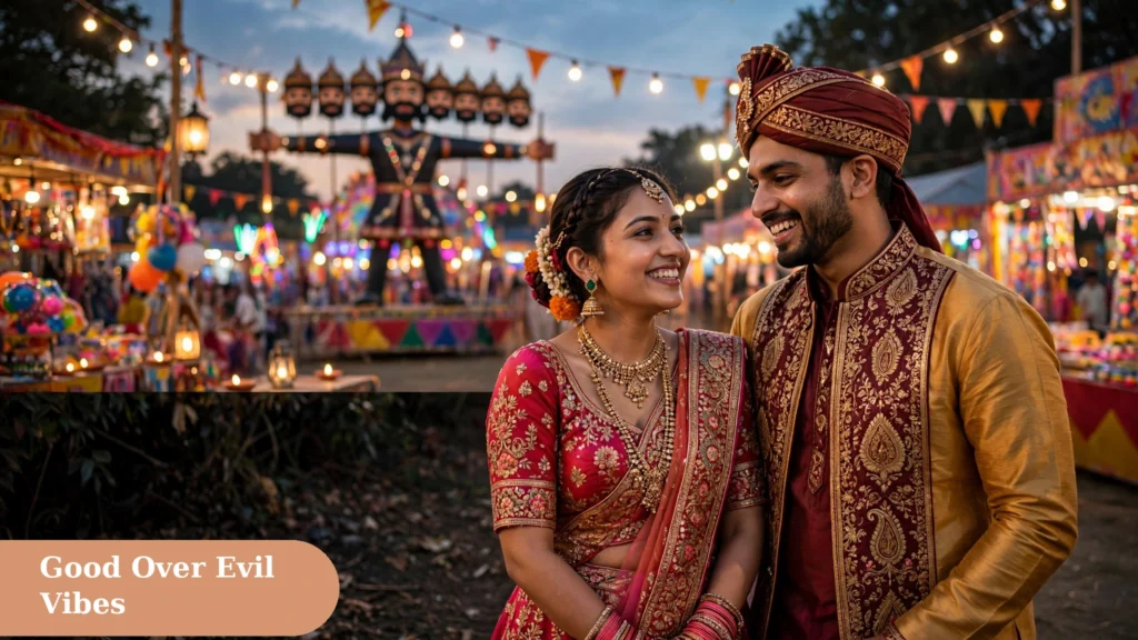 Happy couple celebrating with dussehra captions for instagram good over evil vibes in traditional outfits