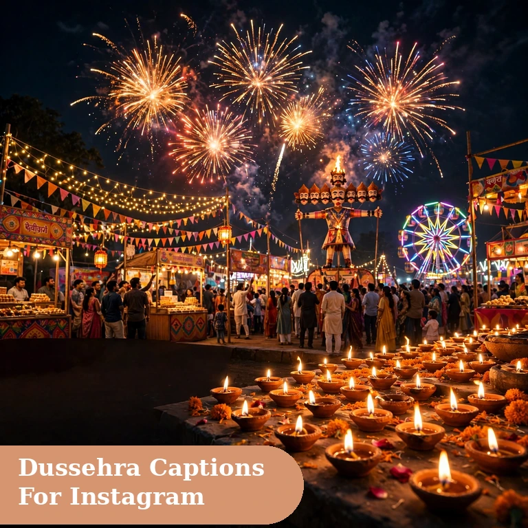 Dussehra captions for instagram featured image with a festive night mela, fireworks, Ravan effigy and glowing diyas