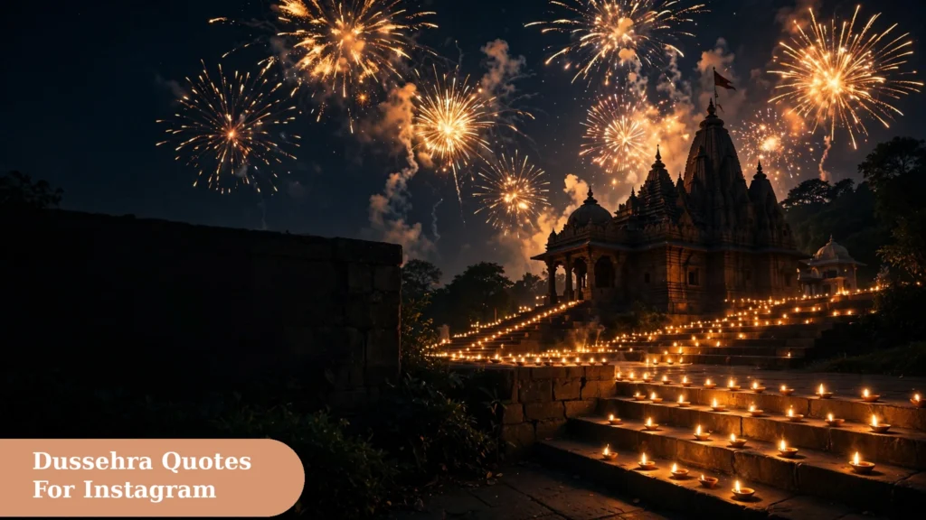 Dussehra quotes for instagram over a festive night scene with glowing diyas and bright fireworks