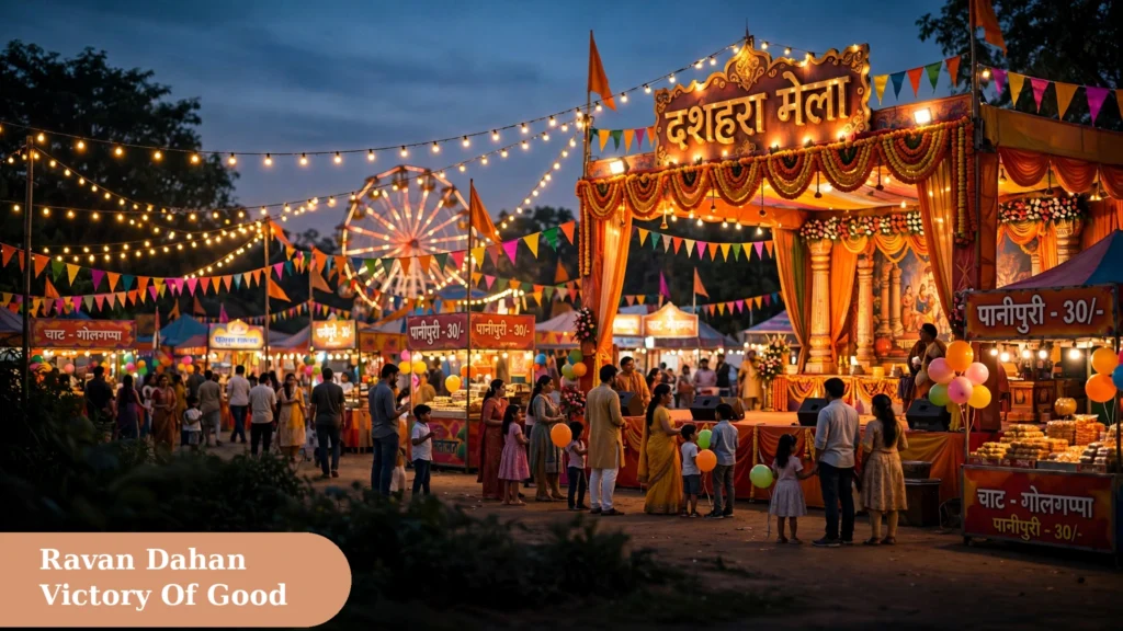 Ravan Dahan dussehra captions for instagram with a colorful festive Dussehra mela ground under evening lights
