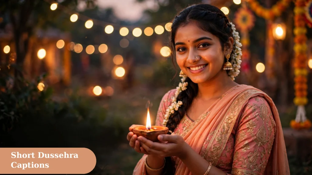 Short dussehra captions for instagram with a smiling girl holding a lit diya on Vijayadashami evening