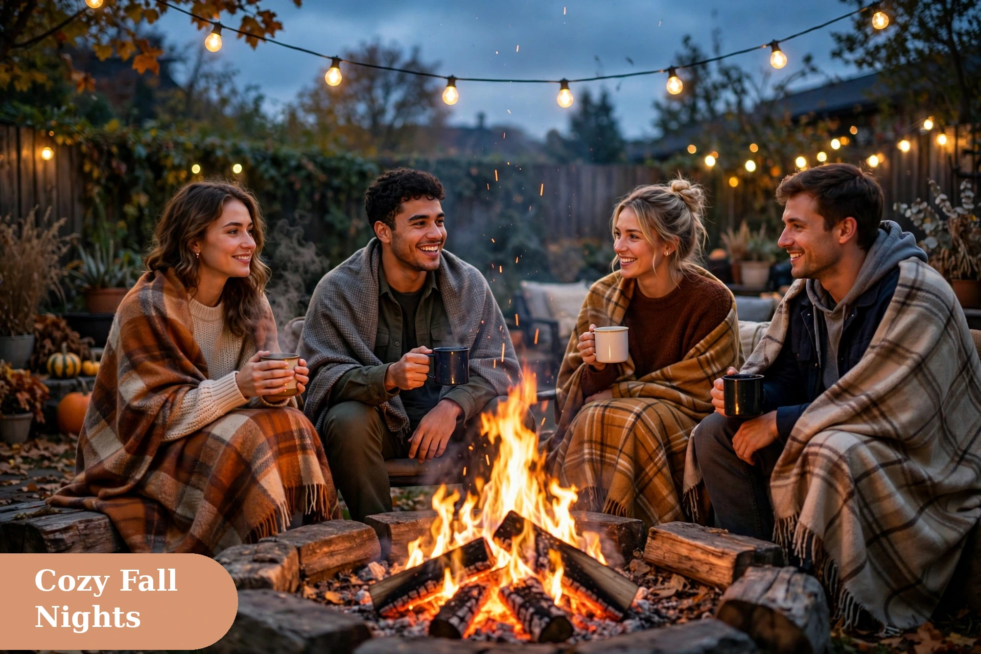 Cozy fall nights fall captions for instagram with a glowing bonfire under starry skies