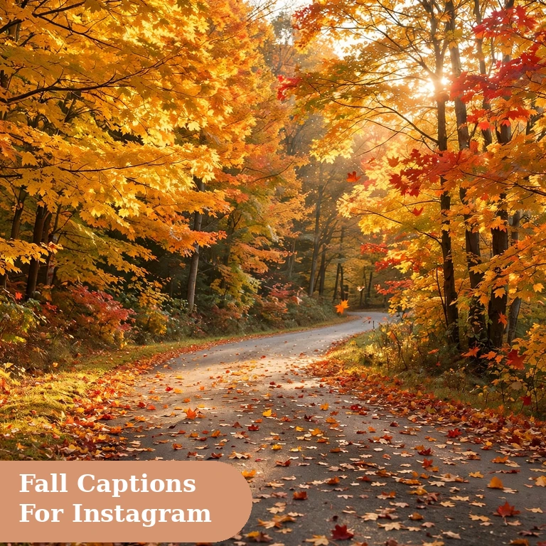 Fall captions for instagram featured image with a golden foliage road and red maple trees in sunlight