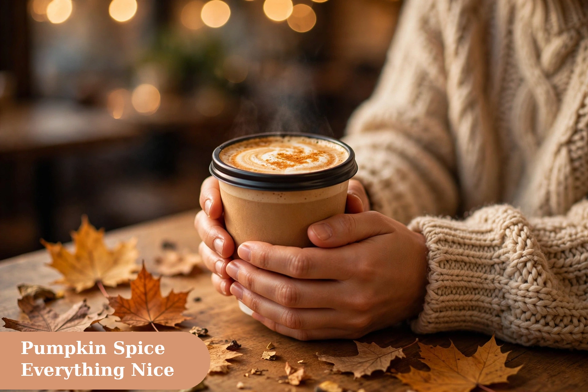 Pumpkin spice fall captions for instagram with a warm latte cup and pumpkins on a rustic table