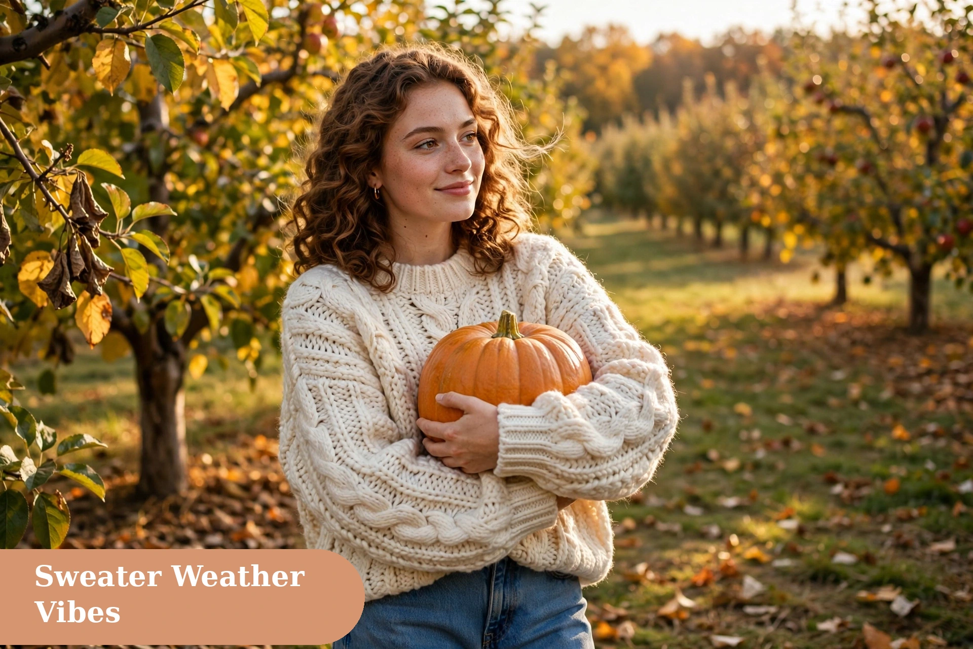 Sweater weather fall captions for instagram with a cozy knit sweater and golden leaves