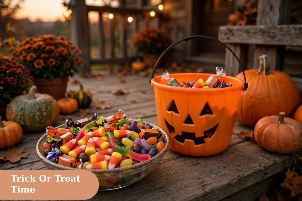 Trick or treat halloween captions for instagram with a candy bowl on a porch at night