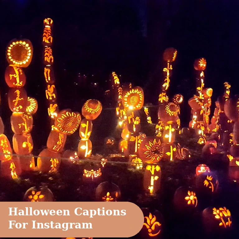 Halloween captions for instagram featured image with glowing jack-o-lanterns and pumpkins on a porch at dusk