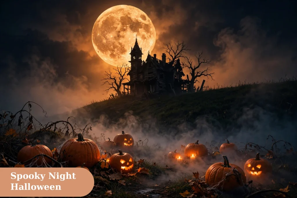 Spooky night halloween captions for instagram with a haunted house under bright moonlight