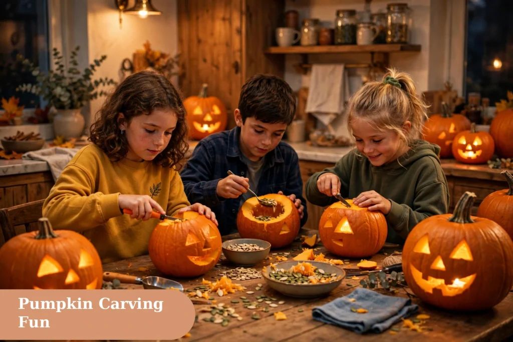 Pumpkin carving halloween captions for instagram with a glowing carved pumpkin on a wooden table