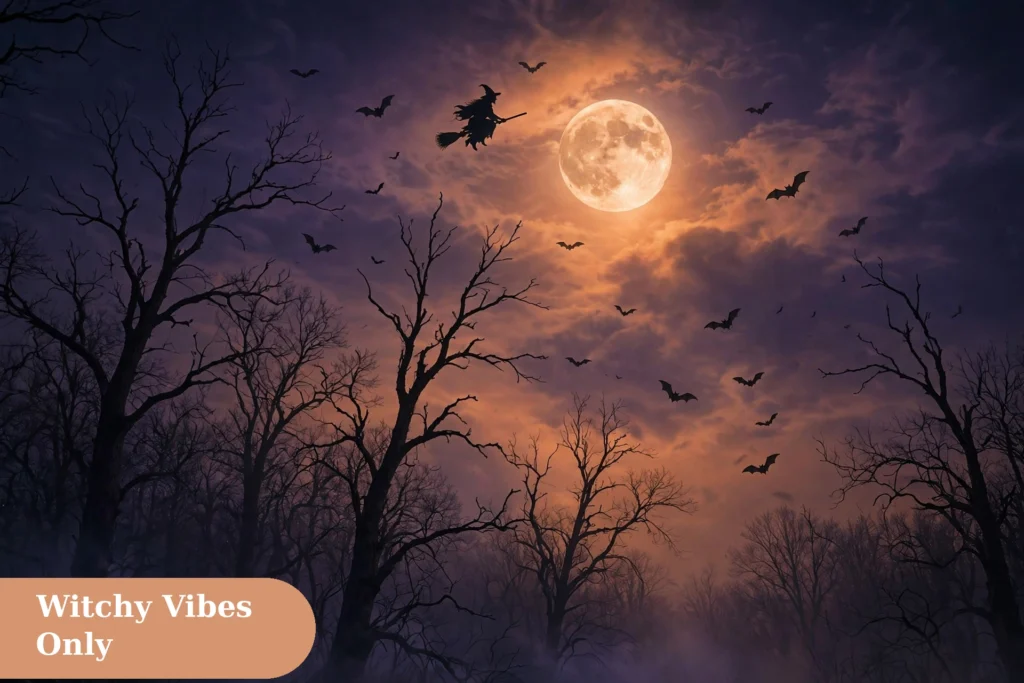 Witchy halloween captions for instagram with a witch hat and broom under a full moon