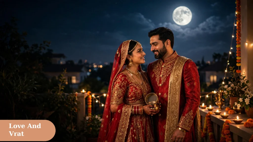 Happy married couple watching the Karva Chauth moon together, romantic photo for karva chauth captions for instagram