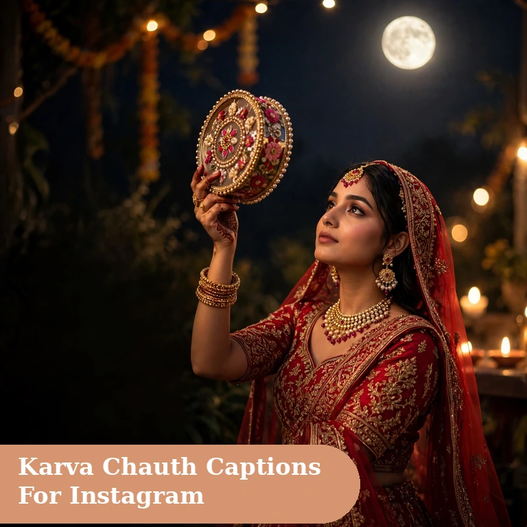 Newly married woman in red bridal lehenga doing Karva Chauth pooja with a sieve, perfect photo for karva chauth captions for instagram