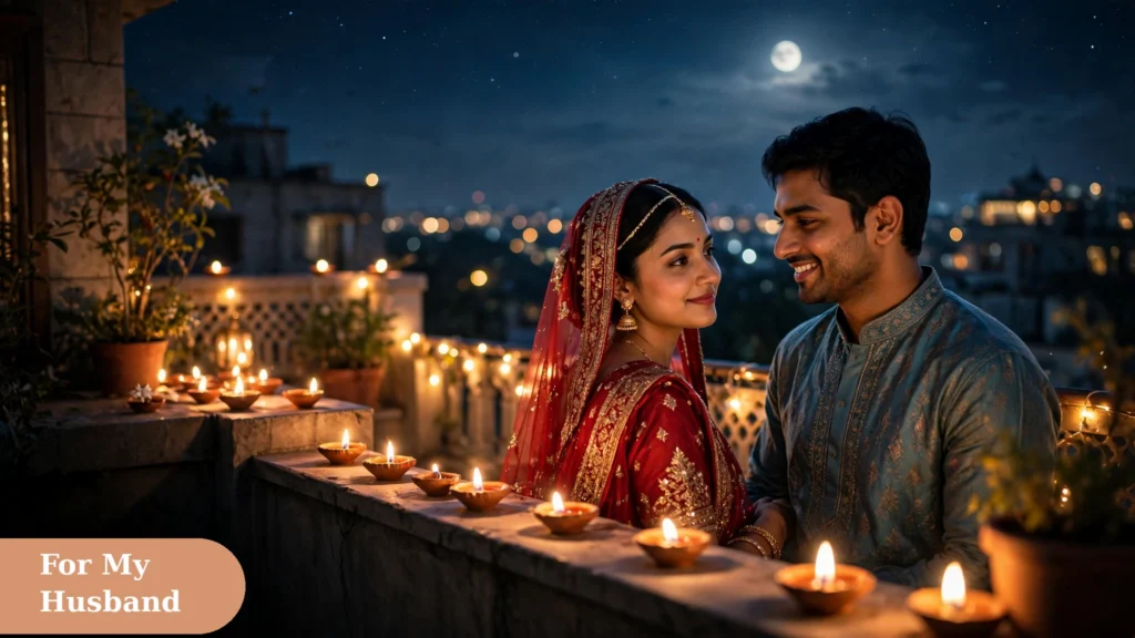 Smiling husband looking at his wife during Karva Chauth vrat, sweet photo idea for karva chauth captions for instagram
