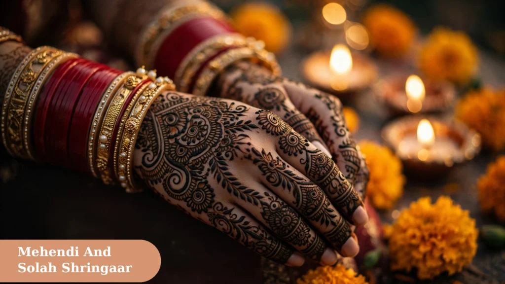 Beautiful dark mehendi designs on a bride's hands with red bangles, lovely photo for karva chauth captions for instagram