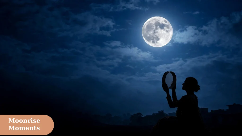 Bright full moon rising in the night sky on Karva Chauth, dreamy moonrise photo for karva chauth captions for instagram