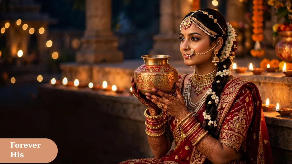 Gorgeous wife in solah shringaar holding a decorated karva, stunning photo for karva chauth captions for instagram