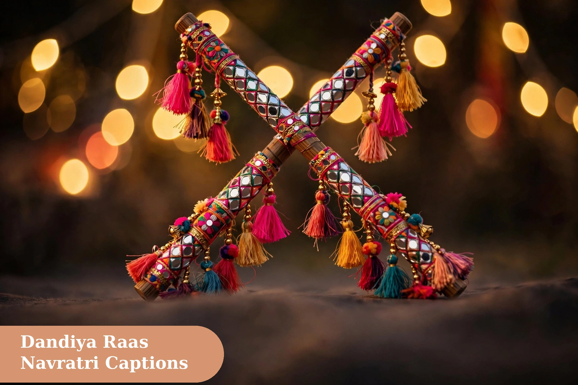 Short navratri captions for instagram with colorful dandiya sticks and festive Navratri decorations