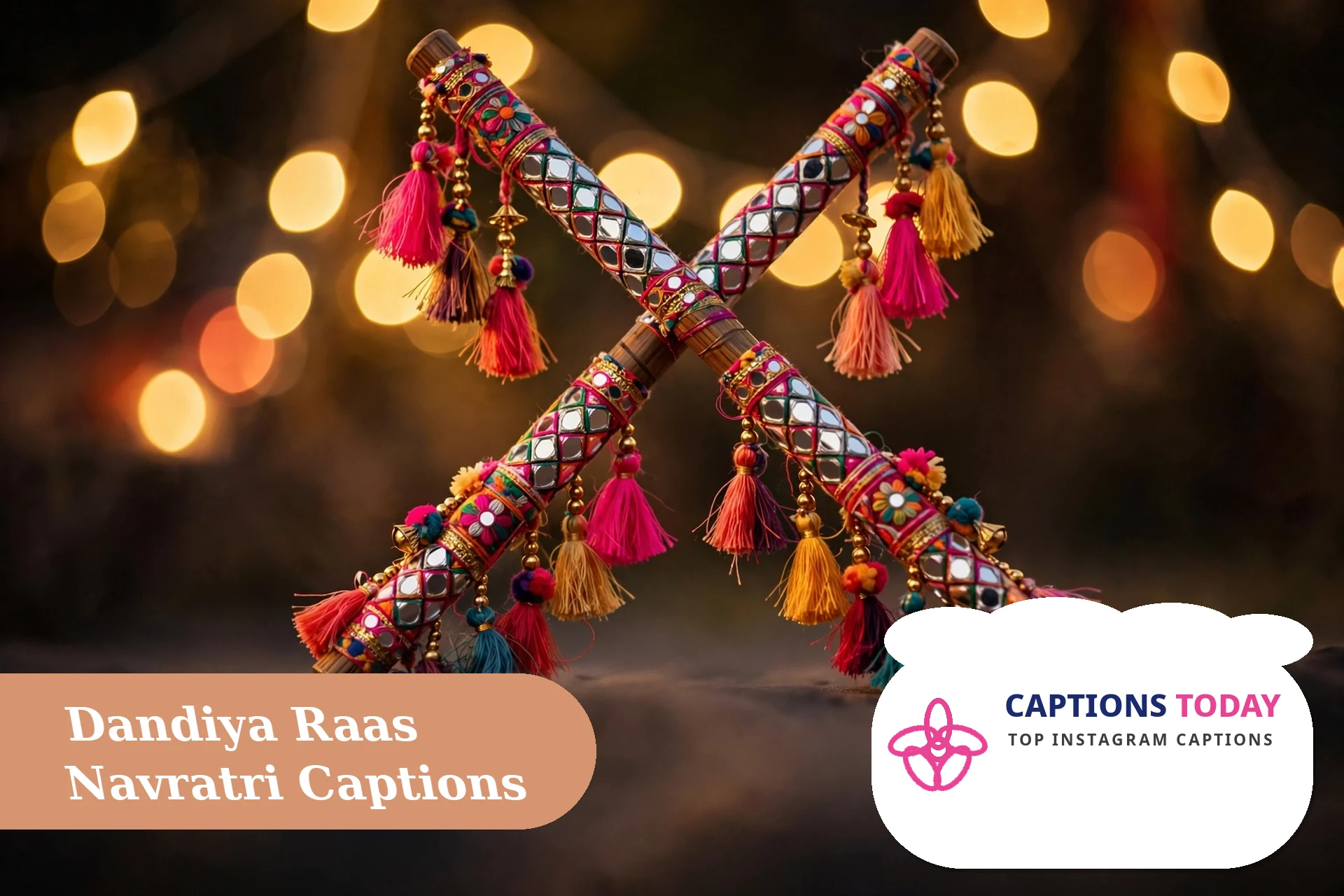 Short navratri captions for instagram with colorful dandiya sticks and festive Navratri decorations