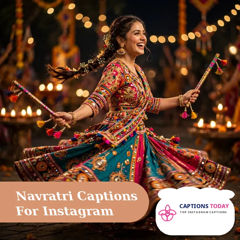 Navratri captions for Instagram featured image with festive garba night celebration and colorful traditional lights