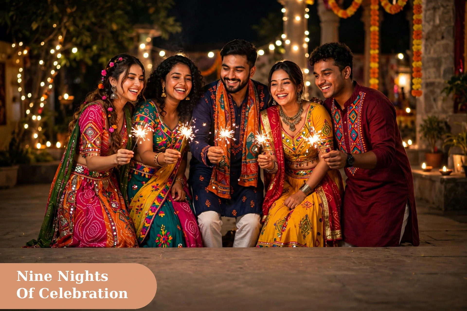 Garba night navratri captions for instagram with friends dancing garba in colorful traditional outfi