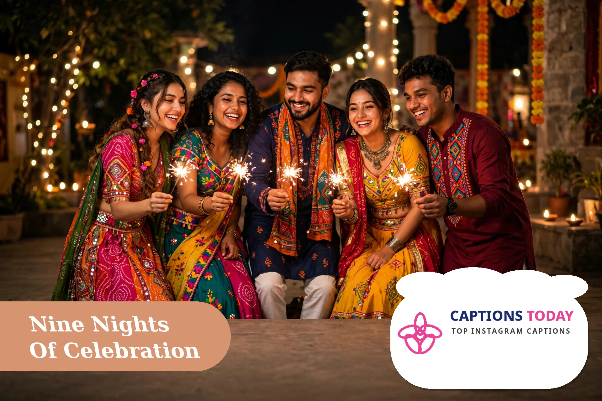 Garba night navratri captions for instagram with friends dancing garba in colorful traditional outfits