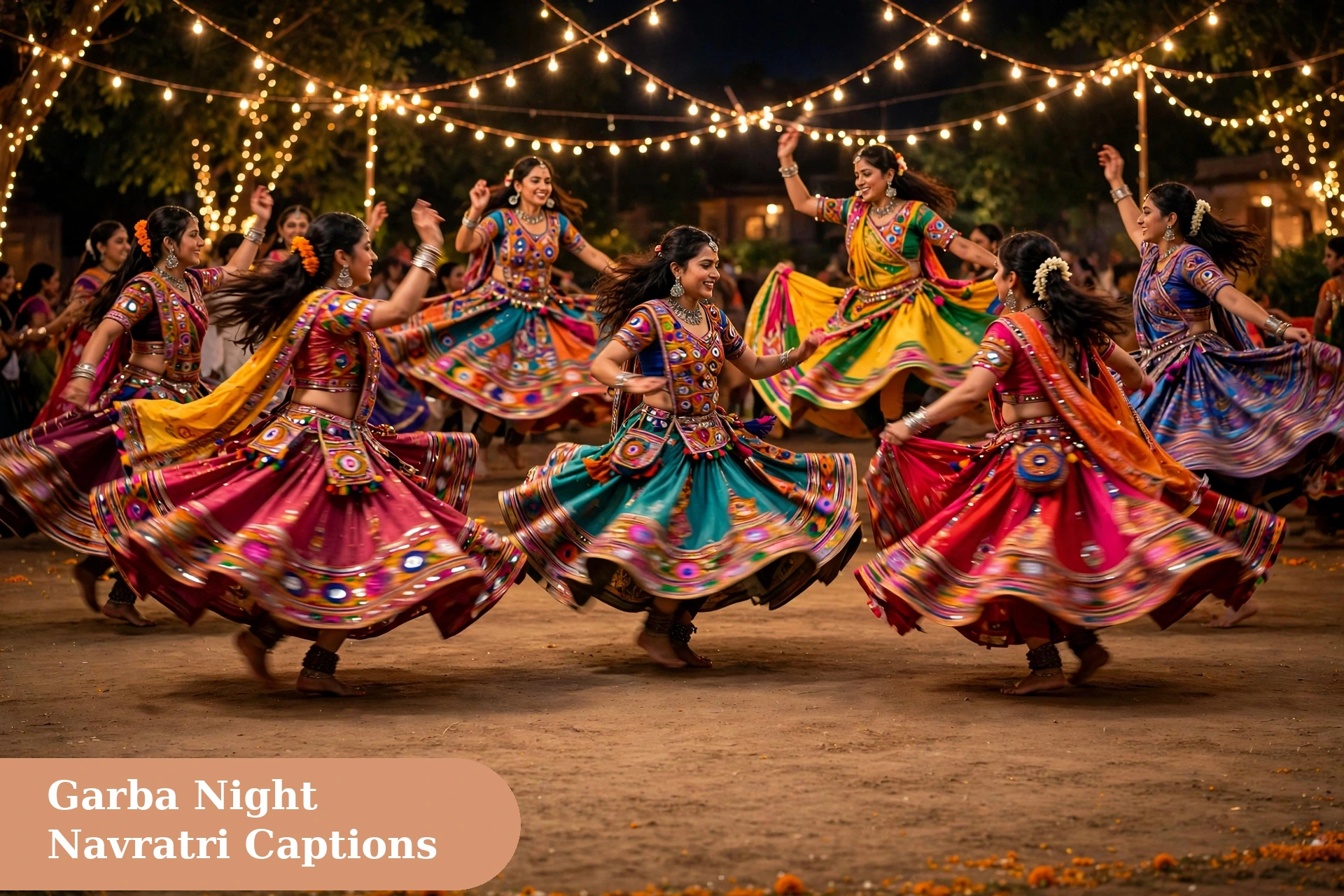 Best navratri captions for instagram with a girl in traditional chaniya choli dancing garba at night